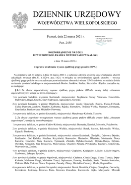 Rozporządzenie Nr 3/2021 Powiatowego Lekarza Weterynarii W Kaliszu Z Dnia 19 Marca 2021 R