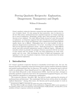 Proving Quadratic Reciprocity: Explanation, Disagreement, Transparency and Depth