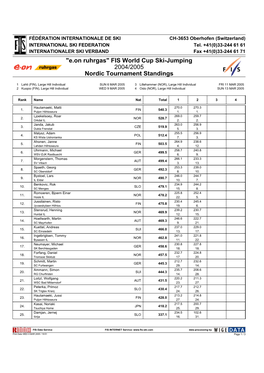 FIS World Cup Ski-Jumping 2004/2005 Nordic Tournament Standings