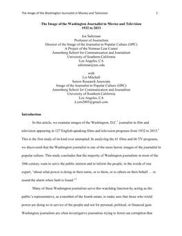 The Image of the Washington Journalist in Movies and Television 1932 to 2013 Joe Saltzman Professor of Journalism Director of Th