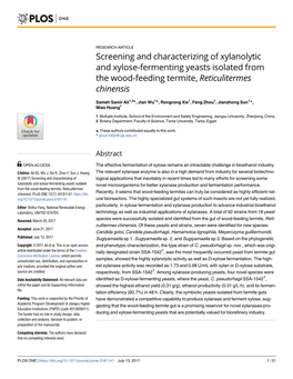 Screening and Characterizing of Xylanolytic and Xylose-Fermenting Yeasts Isolated from the Wood-Feeding Termite, Reticulitermes Chinensis