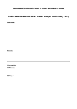 Compte-Rendu De La Réunion Tenue À La Mairie De Royère De Vassivière (14 H 00)