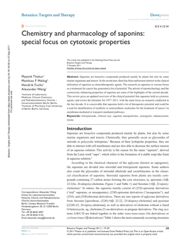 Chemistry and Pharmacology of Saponins: Special Focus on Cytotoxic Properties