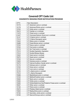 Covered CPT Code List DIAGNOSTIC IMAGING PRIOR NOTIFICATION PROGRAM