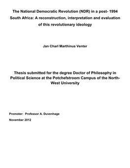 The National Democratic Revolution (NDR) in a Post- 1994 South Africa: a Reconstruction, Interpretation and Evaluation of This Revolutionary Ideology