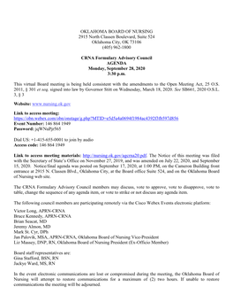 CRNA Formulary Advisory Council Agenda for September 28, 2020