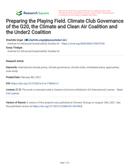 Preparing the Playing Field. Climate Club Governance of the G20, the Climate and Clean Air Coalition and the Under2 Coalition