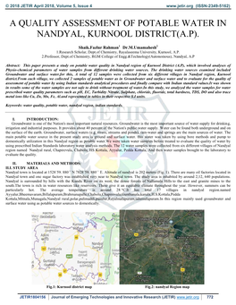 A Quality Assessment of Potable Water in Nandyal, Kurnool District(A.P)