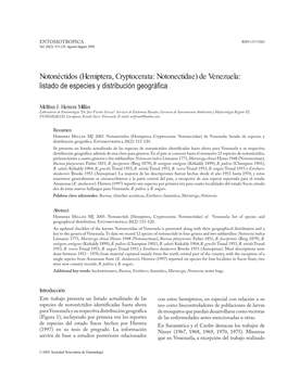 Notonéctidos (Hemiptera, Cryptocerata: Notonectidae) De Venezuela: Listado De Especies Y Distribución Geográfica