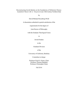 Reconstructing Jewish Identity on the Foundations of Hellenistic History: Azariah De’ Rossi’S Me’Or ‘Enayim in Late 16Th Century Northern Italy