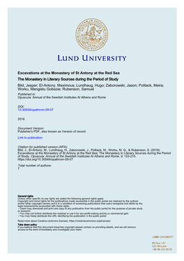 Excavations at the Monastery of St Antony at the Red Sea the Monastery in Literary Sources During the Period of Study Blid, Jesp