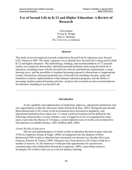 Use of Second Life in K-12 and Higher Education: a Review of Research