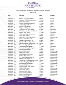 2015 Tampa Bay Area High School Visitation Schedule Fall 2014