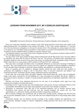 Lessons from November 2017, M7.3 Ezgeleh Earthquake