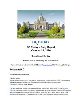 BC Today – Daily Report October 26, 2020 Today In