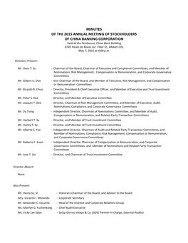 MINUTES of the 2015 ANNUAL MEETING of STOCKHOLDERS of CHINA BANKING CORPORATION Held at the Penthouse, China Bank Building 8745 Paseo De Roxas Cor