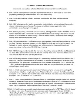 STATEMENT of BASIS and PURPOSE Amendments and Additions to Rules of the Public Employees' Retirement Association 1. Rule 1.20F