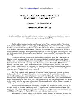 Peninim on the Torah Parsha Booklet Parashat Pinchas