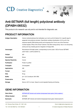 Anti-SETMAR (Full Length) Polyclonal Antibody (DPABH-06532) This Product Is for Research Use Only and Is Not Intended for Diagnostic Use