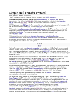 Simple Mail Transfer Protocol from Wikipedia, the Free Encyclopedia "SMTP" Redirects Here