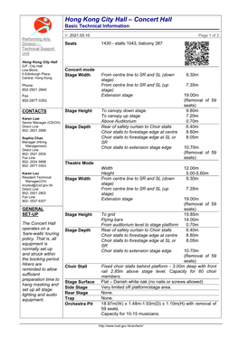 Hong Kong City Hall – Concert Hall Basic Technical Information