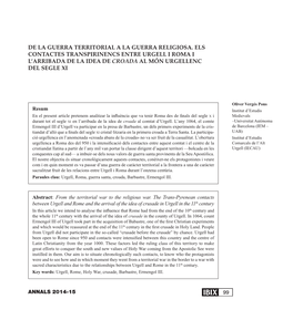 De La Guerra Territorial a La Guerra Religiosa. Els Contactes Transpirinencs Entre Urgell I Roma I L’Arribada De La Idea De Croada Al Món Urgellenc Del Segle Xi