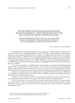 New Records of Blue Whales Balaenoptera Musculus (Linnaeus, 1758) in Winter Season in the Inlet Waters of Chiloé Continental-Chile