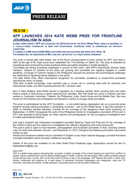 18.3.14 Afp Launches 2014 Kate Webb Prize for Frontline