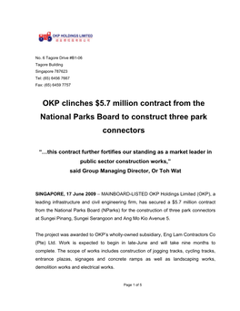 OKP Clinches $5.7 Million Contract from the National Parks Board to Construct Three Park Connectors