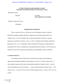 IN the UNITED STATES DISTRICT COURT for the WESTERN DISTRICT of PENNSYLVANIA MICHAEL ELLIS, Plaintiff, V. DANIEL D. REGAN, ET AL