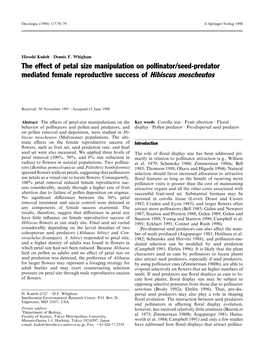 The Effect of Petal Size Manipulation on Pollinator/Seed-Predator Mediated Female Reproductive Success of Hibiscus Moscheutos