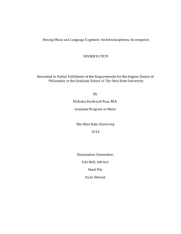 Hmong Music and Language Cognition: an Interdisciplinary Investigation