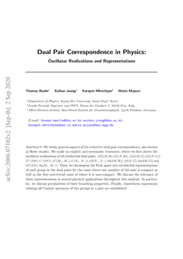 [Hep-Th] 2 Sep 2020 Dual Pair Correspondence in Physics