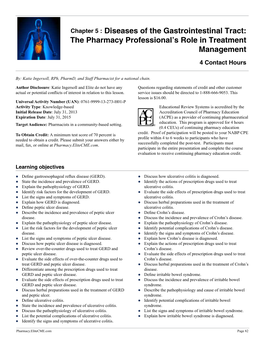 Chapter 5 : Diseases of the Gastrointestinal Tract: the Pharmacy Professional’S Role in Treatment Management 4 Contact Hours