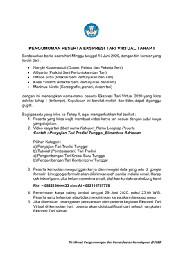 Pengumuman Peserta Ekspresi Tari Virtual Tahap I