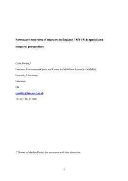 Newspaper Reporting of Migrants in England 1851-1911: Spatial and Temporal Perspectives