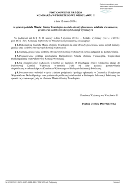 Twardogóra Na Stałe Obwody Głosowania, Ustalenia Ich Numerów, Granic Oraz Siedzib Obwodowych Komisji Wyborczych