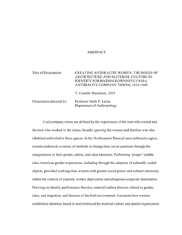 Creating Anthracite Women: the Roles of Architecture and Material Culture in Identity Formation in Pennsylvania Anthracite Company Towns, 1854-1940