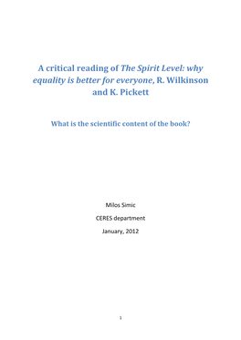 A Critical Reading of the Spirit Level: Why Equality Is Better for Everyone, R