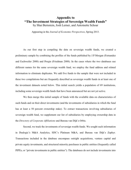 The Investment Strategies of Sovereign Wealth Funds” by Shai Bernstein, Josh Lerner, and Antoinette Schoar