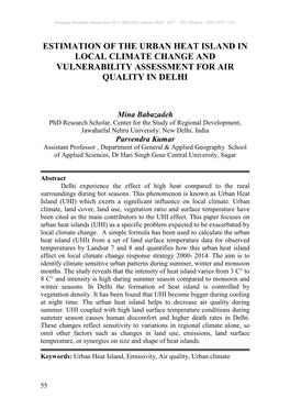 Estimation of the Urban Heat Island in Local Climate Change and Vulnerability Assessment for Air Quality in Delhi