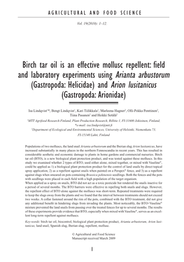 Birch Tar Oil Is an Effective Mollusc Repellent: Field and Laboratory Experiments Using Arianta Arbustorum (Gastropoda: Helicidae) and Arion Lusitanicus (Gastropoda: Arionidae)