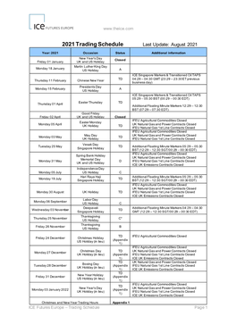 Trading Schedule Last Update: August 2021