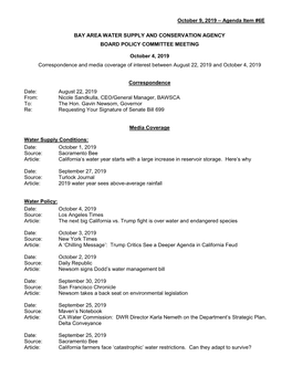 Agenda Item #6E BAY AREA WATER SUPPLY and CONSERVATION AGENCY BOARD POLICY COMMITTEE MEETING October 4, 2019