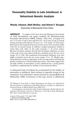 Personality Stability in Late Adulthood: a Behavioral Genetic Analysis