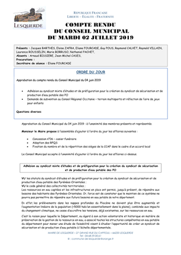 Compte Rendu Du Conseil Municipal Du Mardi 02 Juillet 2019