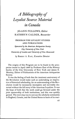 A Bibliography of Loyalist Source Material in Canada