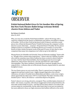 Polish National Ballet Gives Us Yet Another Rite of Spring but New York Theatre Ballet Brings Welcome British Classics from Ashton and Tudor