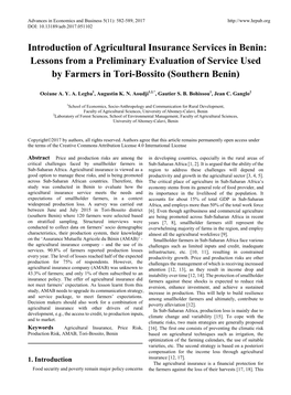 Introduction of Agricultural Insurance Services in Benin: Lessons from a Preliminary Evaluation of Service Used by Farmers in Tori-Bossito (Southern Benin)