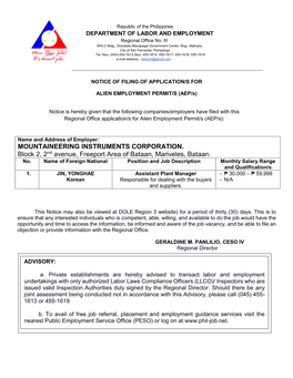 MOUNTAINEERING INSTRUMENTS CORPORATION. Block 2, 2Nd Avenue, Freeport Area of Bataan, Mariveles, Bataan